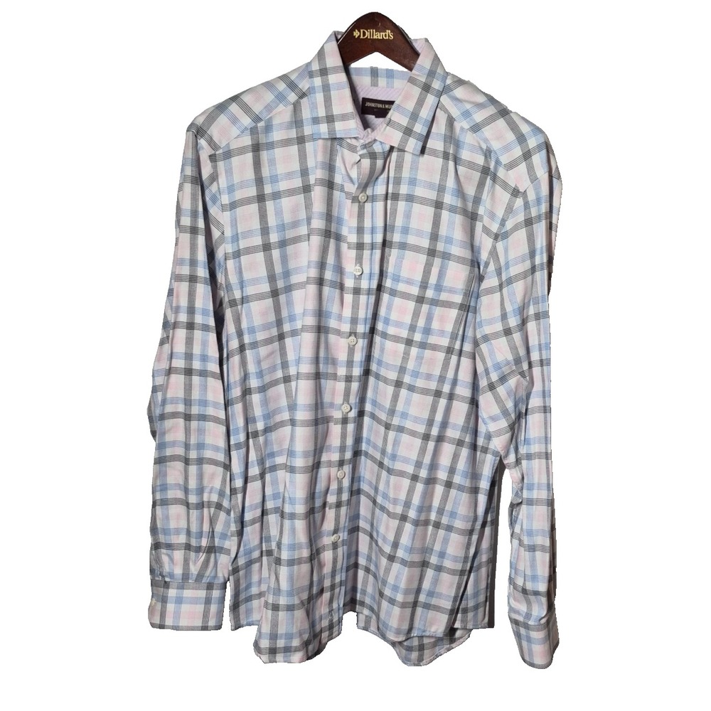 Johnston & Murphy Shirt Mens L Blue/Black/Pink Plaid Cuff Long Sleeve Button Up